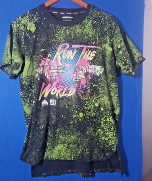 Rise As 1ne RS1 Run The World Shirt Mens Size L Black Green Paint Splatter Tee